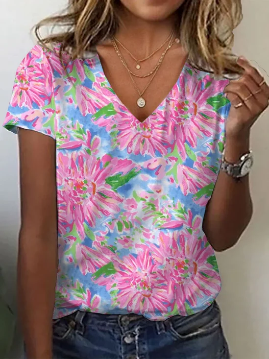 Damen Geblümt Kurzarm T-Shirts T-Shirt V-Ausschnitt Print Lässig Sommer T-Shirt mit Grafik Oberteile