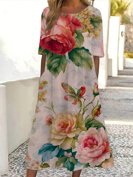 Damen Geblümt Halbarm Sommer Print Kleid Rundhals Täglich Lässig Maxikleid A-Linien-Kleid