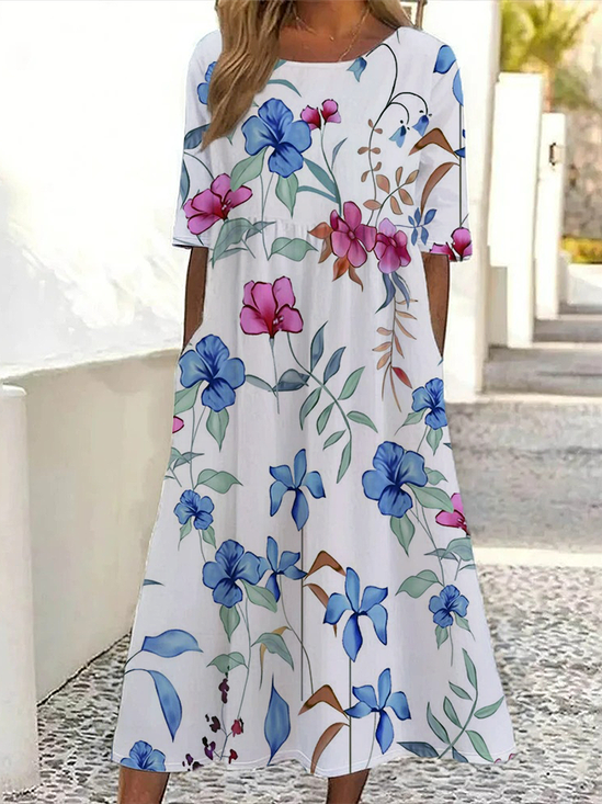 Damen Geblümt Halbarm Sommer Print Kleid Rundhals Täglich Lässig Maxikleid A-Linien-Kleid