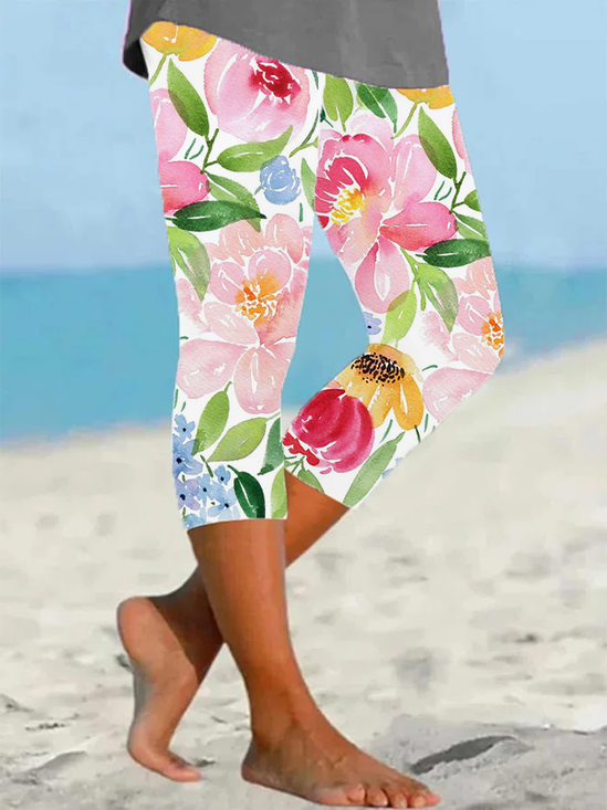 Damen Geblümt Caprihosen Elastische Taille Hose Lässig Sommer Hose