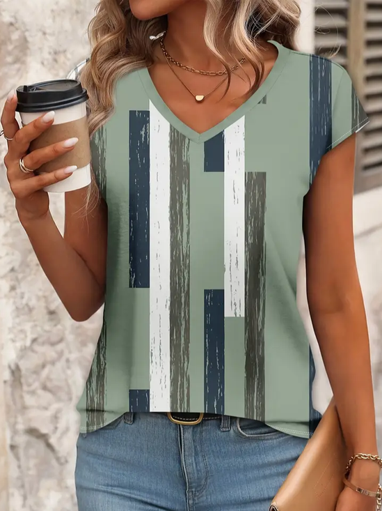Damen Geometrisch Kurzarm T-Shirts T-Shirt V-Ausschnitt Print Lässig Sommer T-Shirt mit Grafik Oberteile