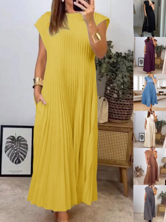 Damen Unifarben Kurzarm Sommer Gerafft Kleid Rundhals Täglich Retro Maxikleid T-Shirt-Kleid A-Linien-Kleid