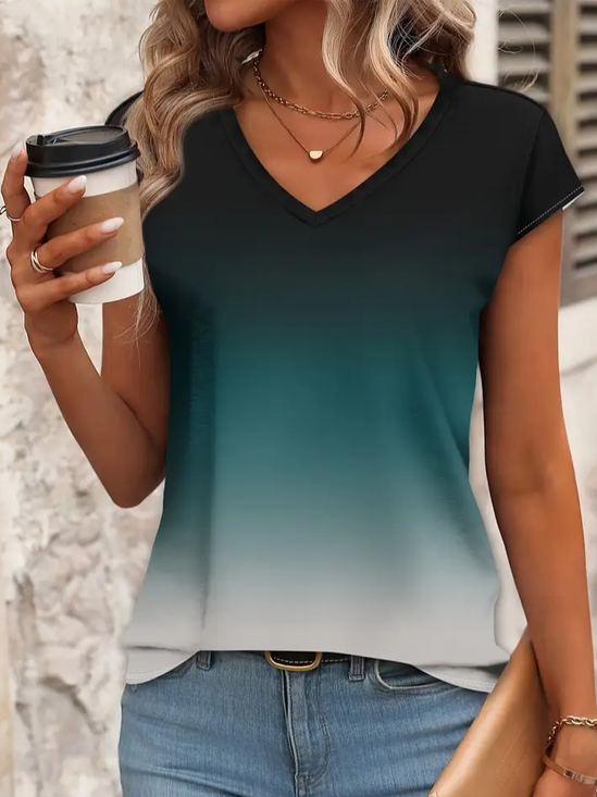 Damen Farbverlauf Kurzarm T-Shirts T-Shirt V-Ausschnitt Print Lässig Sommer T-Shirt mit Grafik Oberteile