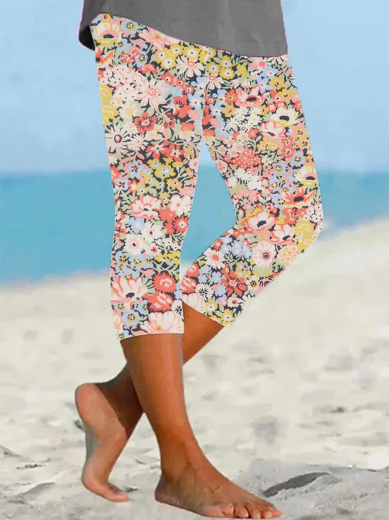 Damen Geblümt Caprihosen Elastische Taille Hose Lässig Sommer Hose