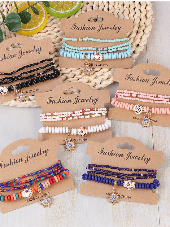 Heiß Verkauf Bohemien Stil mehrschichtig Reis Korn Armband gestapelt Mit Teuflisch Ösen Pendant Handgemachte Verstellbar Schmuck