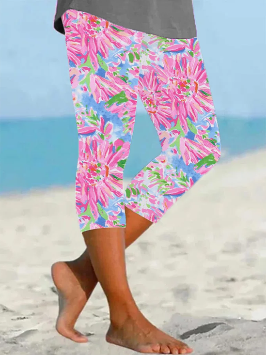 Damen Geblümt Caprihosen Elastische Taille Hose Lässig Sommer Hose