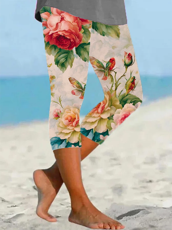 Damen Geblümt Caprihosen Elastische Taille Hose Lässig Sommer Hose