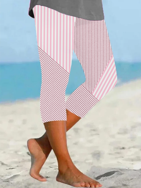 Damen Gestreift Caprihosen Elastische Taille Hose Lässig Sommer Hose