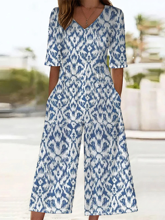 Damen Geometrisch V-Ausschnitt Halbarm Lässig Sommer Jumpsuit