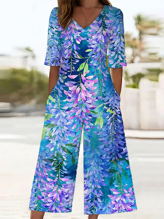 Damen Geblümt V-Ausschnitt Halbarm Lässig Sommer Jumpsuit