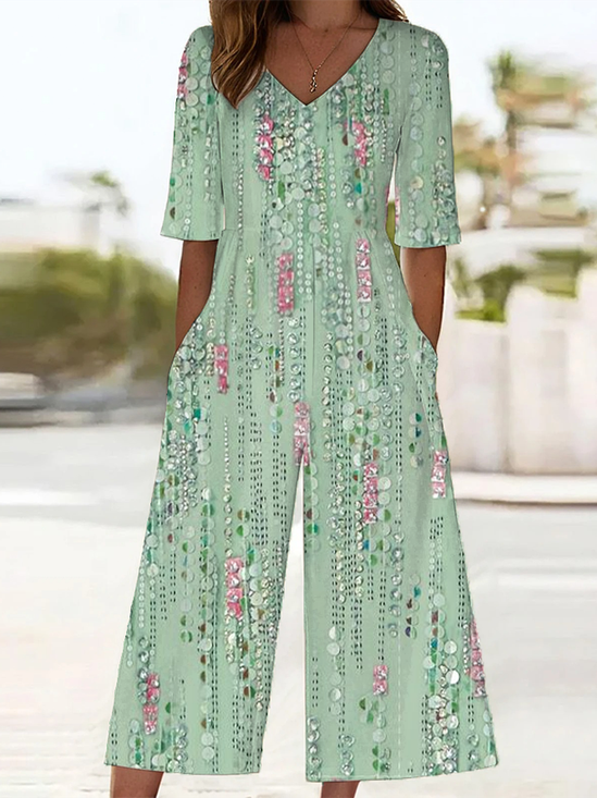 Damen Abstrakt V-Ausschnitt Halbarm Lässig Sommer Jumpsuit