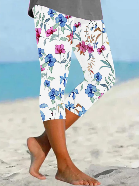 Damen Geblümt Caprihosen Elastische Taille Hose Lässig Sommer Hose
