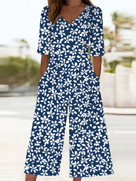 Damen Geblümt V-Ausschnitt Halbarm Lässig Sommer Jumpsuit
