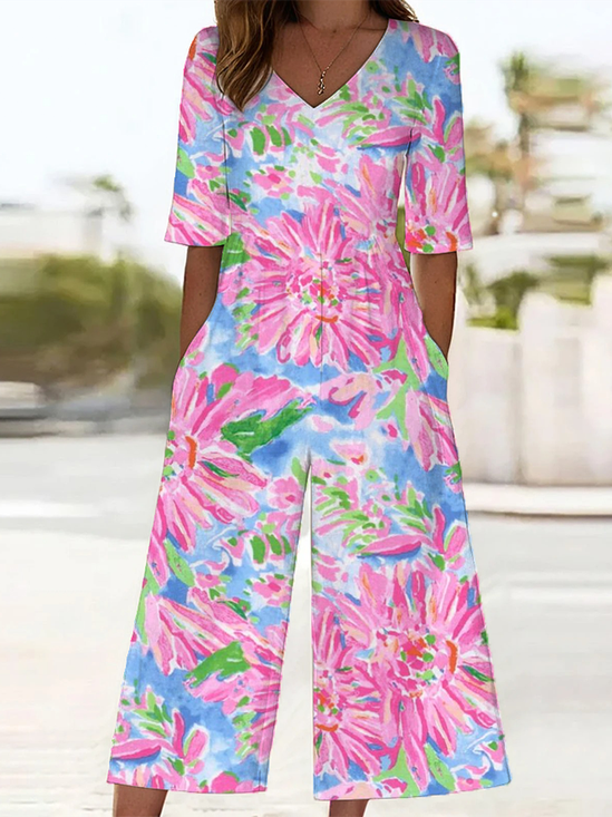 Damen Geblümt V-Ausschnitt Halbarm Lässig Sommer Jumpsuit