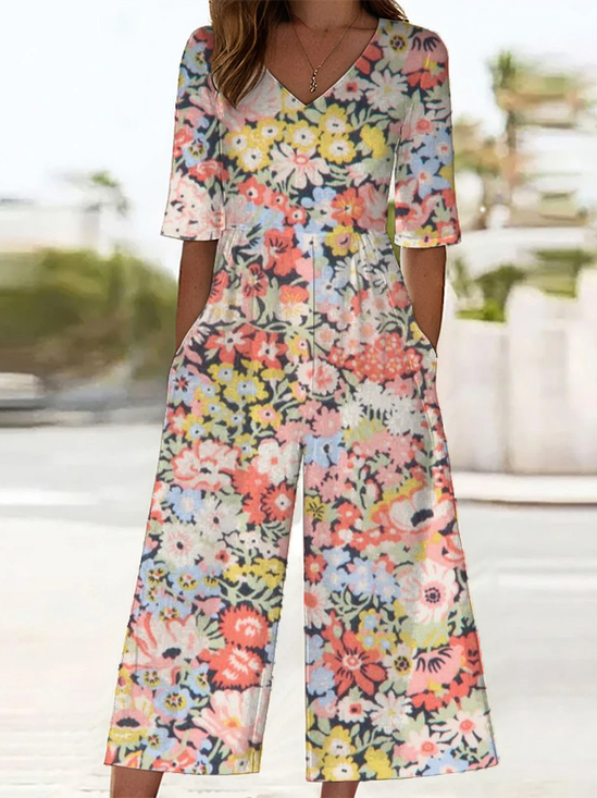 Damen Geblümt V-Ausschnitt Halbarm Lässig Sommer Jumpsuit