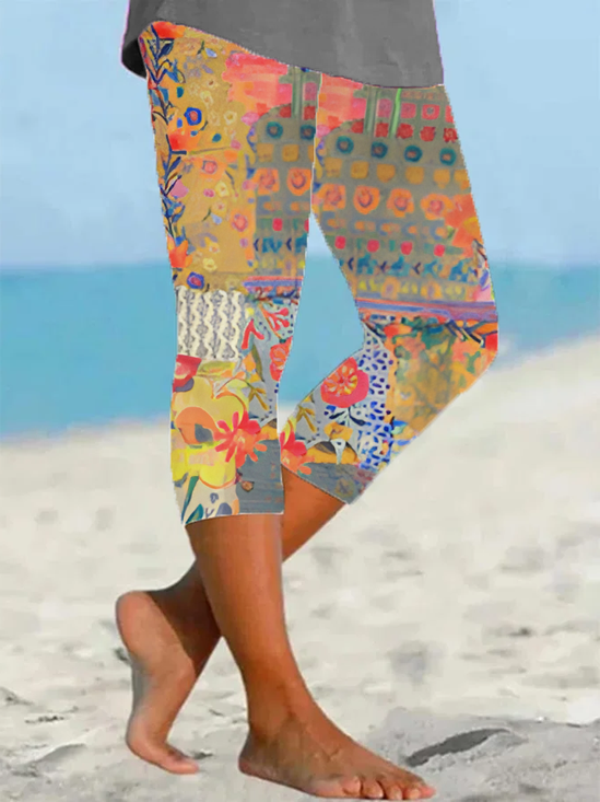 Damen Geblümt Caprihosen Elastische Taille Hose Lässig Sommer Hose