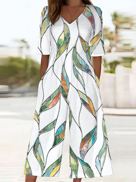 Damen Geblümt V-Ausschnitt Halbarm Lässig Sommer Jumpsuit