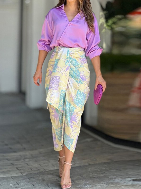 Damen Geometrisch Print Zweiteiliges Set Täglich Dreiviertelärmel Lässig Frühling/Herbst Bluse mit Rock Matching Set