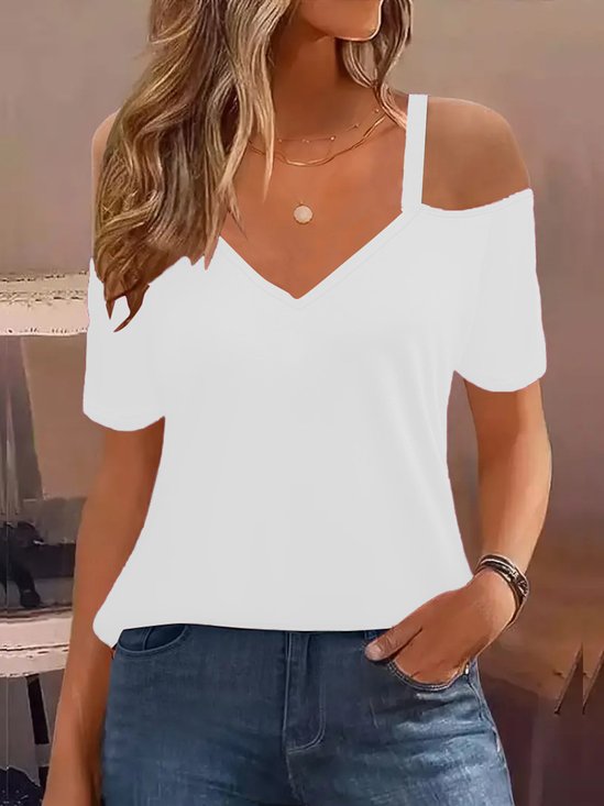 Damen Unifarben Kurzarm T-Shirts T-Shirt V-Ausschnitt Nahtverarbeitung Lässig Sommer Oberteile