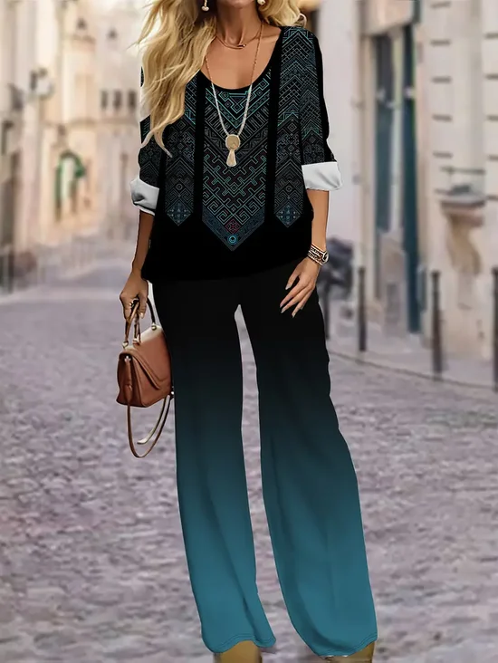 Damen Geometrisch Print Zweiteiliges Set Täglich Langarm Lässig Frühling/Herbst Bluse mit Hose Matching Set