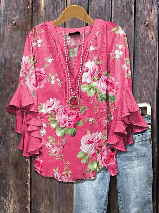 Damen Geblümt Halbarm Bluse Sommer Print V-Ausschnitt Täglich Lässig Oberteile
