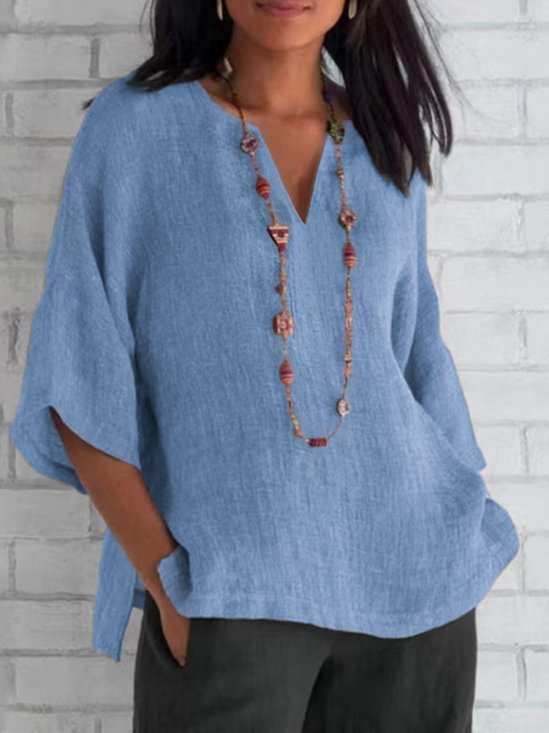 Damen Unifarben Halbarm Bluse Sommer V-Ausschnitt Täglich Lässig Oberteile