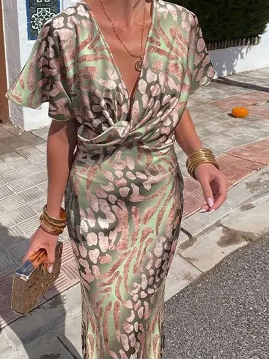 Damen Farbblock Kurzarm Sommer Print Kleid V-Ausschnitt Täglich Lässig Maxikleid Hüftrock A-Linien-Kleid