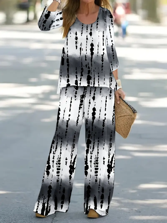 Damen Abstrakt Print Zweiteiliges Set Täglich Langarm Lässig Frühling/Herbst Bluse mit Hose Matching Set