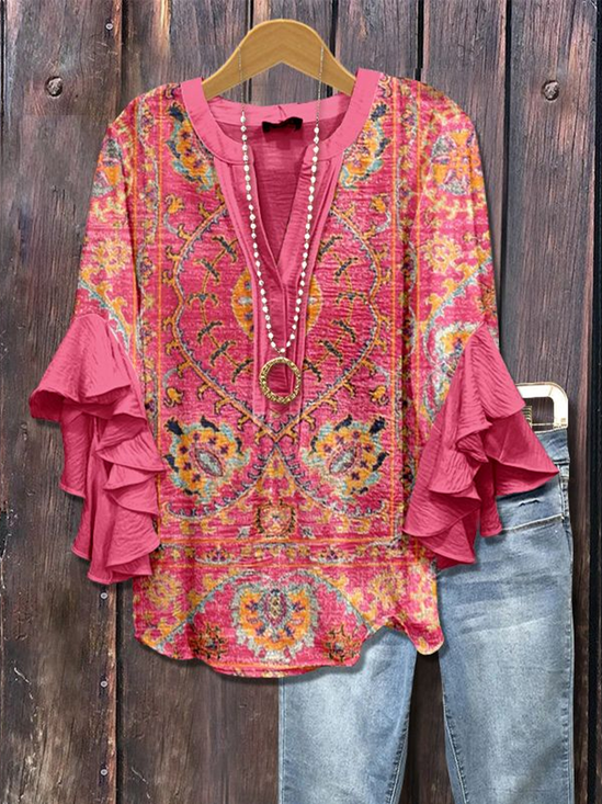 Damen Geblümt Halbarm Bluse Sommer Print V-Ausschnitt Täglich Lässig Oberteile