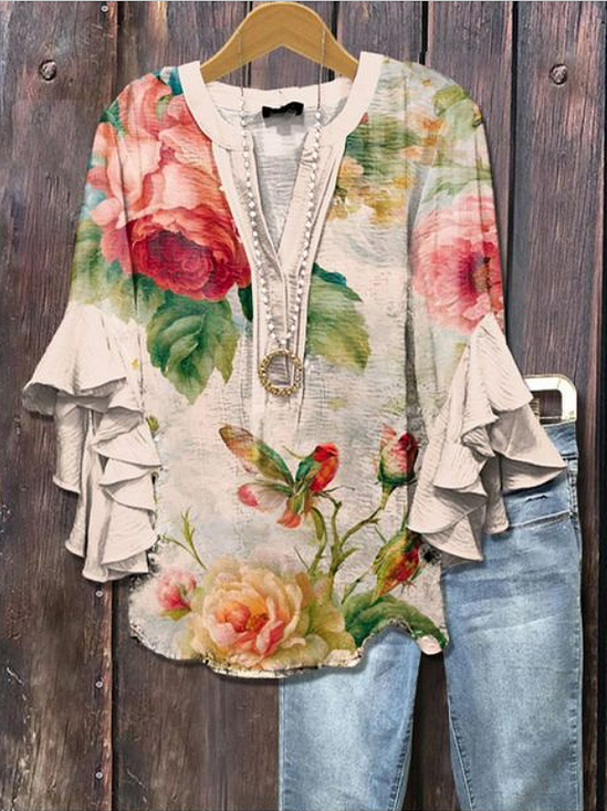 Damen Geblümt Halbarm Bluse Sommer Print V-Ausschnitt Täglich Lässig Oberteile