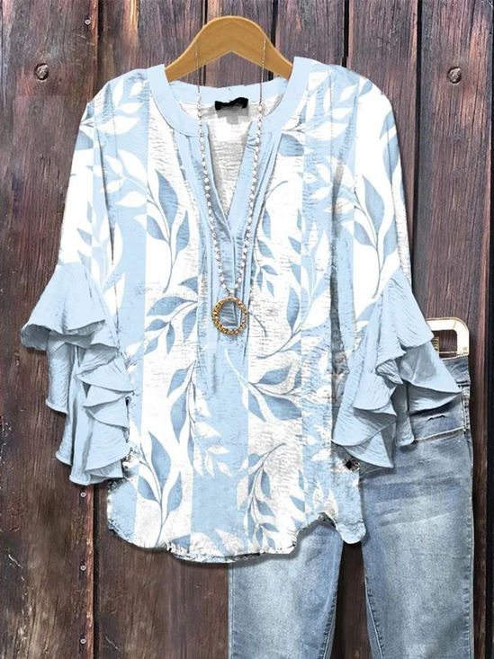 Damen Geblümt Halbarm Bluse Sommer Print V-Ausschnitt Täglich Lässig Oberteile