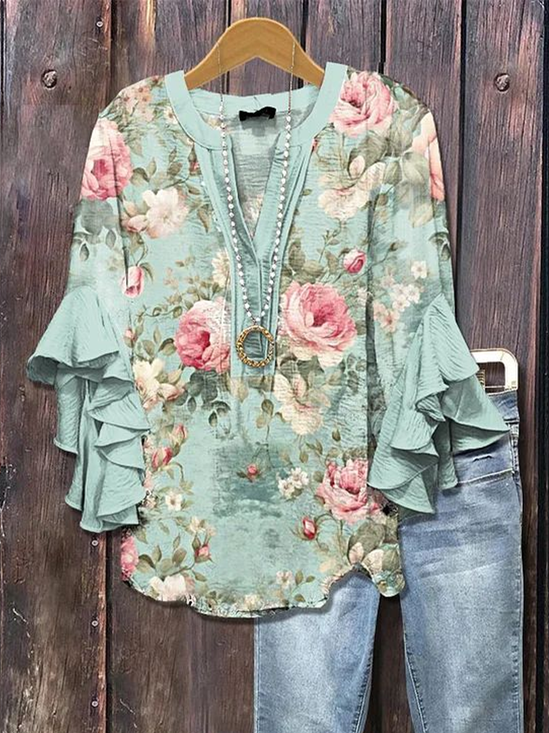 Damen Geblümt Halbarm Bluse Sommer Print V-Ausschnitt Täglich Lässig Oberteile