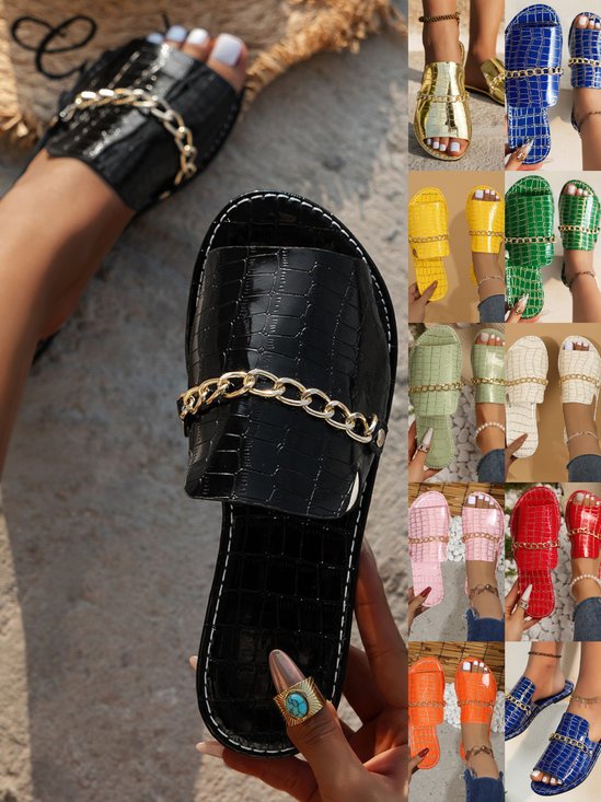 Sommer Krokodil Muster Große Größen Outdoor Flach Pantoletten Damen Metallkette modisch Strand Pantoletten