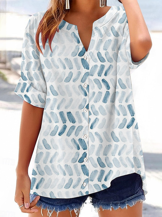 Damen Geometrisch Kurzarm Bluse Sommer Print V-Ausschnitt Täglich Lässig Oberteile
