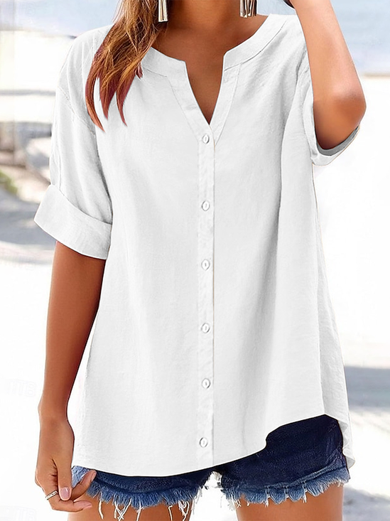 Damen Unifarben Kurzarm Bluse Sommer Print V-Ausschnitt Täglich Lässig Oberteile