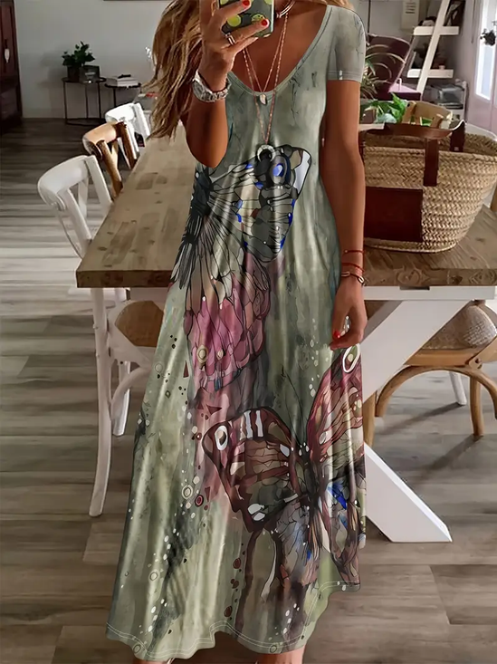 Damen Schmetterling Kurzarm Sommer Print Kleid V-Ausschnitt Täglich Lässig Maxikleid X-Linie Kleid