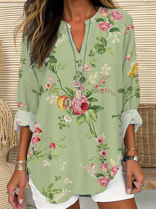Damen Geblümt Langarm Bluse Frühling/Herbst Print V-Ausschnitt Täglich Lässig Oberteile