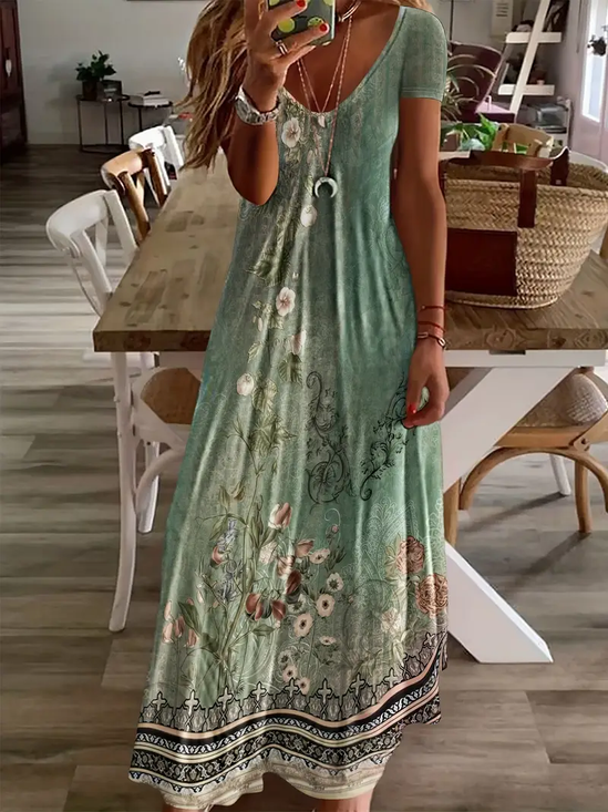 Damen Geblümt Kurzarm Sommer Print Kleid V-Ausschnitt Täglich Lässig Maxikleid X-Linie Kleid