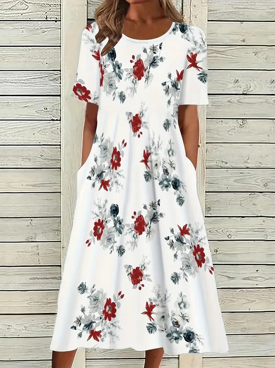 Damen Geblümt Halbarm Sommer Print Kleid Rundhals Täglich Lässig Maxikleid A-Linien-Kleid