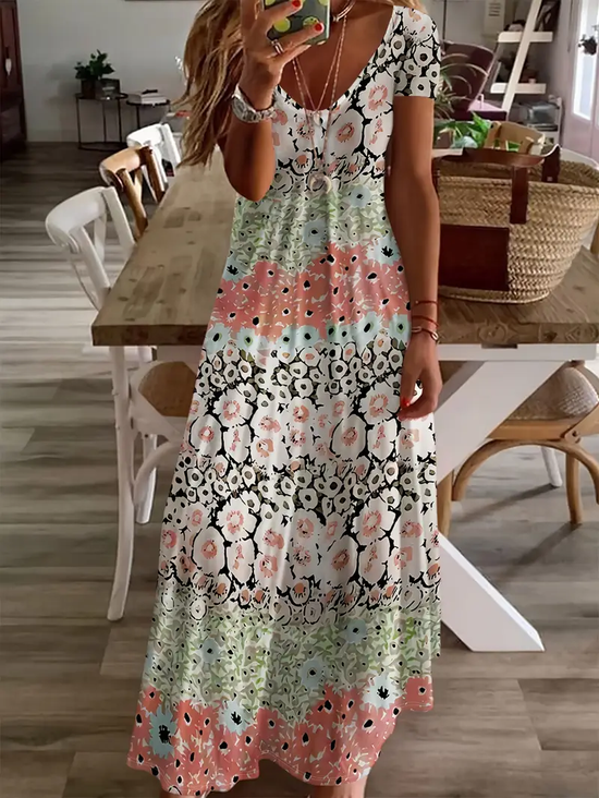 Damen Geblümt Kurzarm Sommer Print Kleid V-Ausschnitt Täglich Lässig Maxikleid X-Linie Kleid