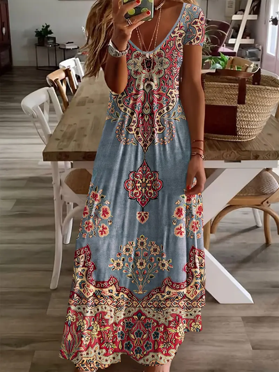 Damen Geblümt Kurzarm Sommer Print Kleid V-Ausschnitt Täglich Lässig Maxikleid X-Linie Kleid
