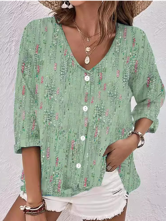 Damen Geblümt Dreiviertelärmel Bluse Frühling/Herbst Print V-Ausschnitt Täglich Retro Oberteile