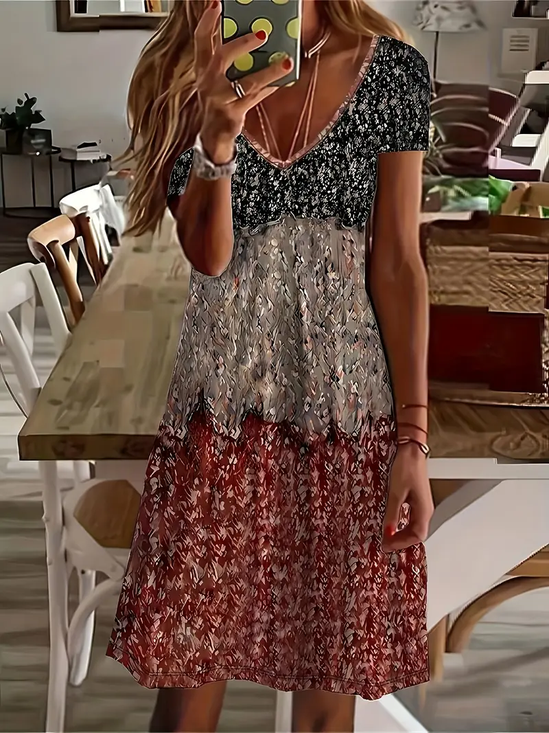 Damen Geblümt Kurzarm Sommer Print Kleid V-Ausschnitt Täglich Lässig Midi Passen & Flare Kleid A-Linien-Kleid