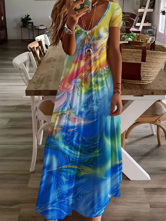 Damen Abstrakt Kurzarm Sommer Print Kleid V-Ausschnitt Täglich Lässig Maxikleid X-Linie Kleid