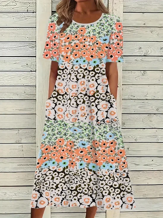 Damen Geblümt Halbarm Sommer Print Kleid Rundhals Täglich Lässig Maxikleid A-Linien-Kleid