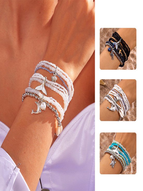 ins Stil Bohemien Strand Urlaub Sommer Oberstoff Schildkröte Fischschwanz Reis Perlen mehrschichtig Stapeln Armband Set