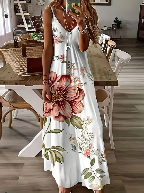Damen Geblümt Ärmellos Sommer Print Kleid V-Ausschnitt Täglich Lässig Maxikleid Unterhose Kleid X-Linie Kleid