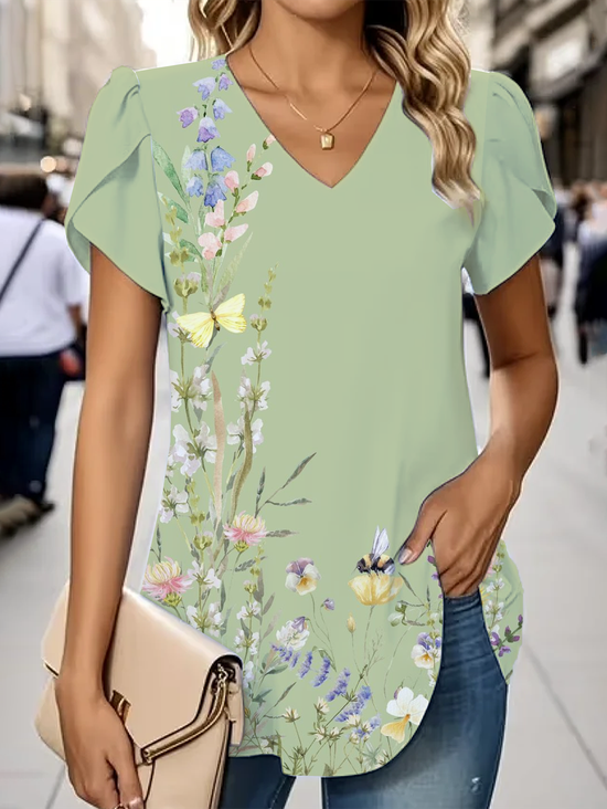 Damen Geblümt Kurzarm T-Shirts T-Shirt V-Ausschnitt Lässig Sommer T-Shirt mit Grafik Oberteile