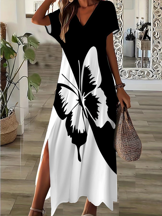 Damen Schmetterling Kurzarm Sommer Print Kleid V-Ausschnitt Täglich Lässig Maxikleid X-Linie Kleid