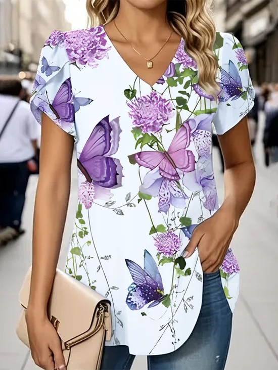 Damen Geblümt Kurzarm T-Shirts T-Shirt V-Ausschnitt Print Lässig Sommer T-Shirt mit Grafik Oberteile